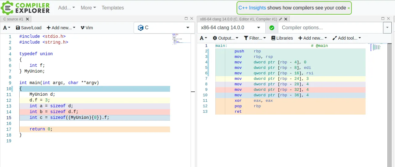 Compiler Explorer 中 union sizeof 的汇编结果